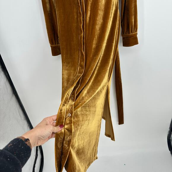 AURA Crushed Velvet Midi Shirt Dress Size S Belted Long Sleeve Honey Romantic - Picture 10 of 13